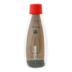 Retap Glasflasche 0,8L transparent mit roter Kappe und weißem Logo "Quehenberger logistics" vertikal. In der Flasche ein Kartonetikett mit Informationen.