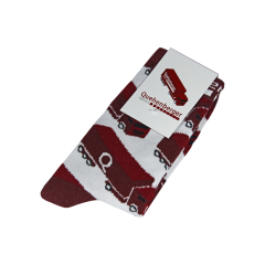 Ein Paar weiße Socken mit Quehenberger Logistics LKW-Motiv und roten Elementen an Zehenspitzen, Ferse und oberem Ende.