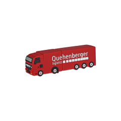 Roter USB-Stick im Design eines Sattelschleppers mit dem Quehenberger Logistics Logo.