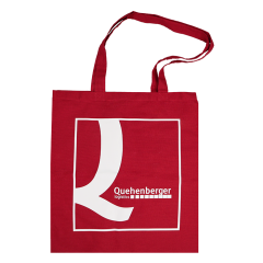 Red cotton carrier bag with large white “Quehenberger Logistics” logo