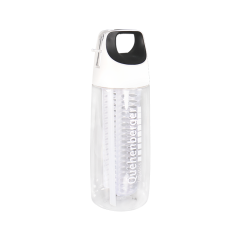 Infuser drinking bottle made of transparent Tritan with white lid, integrated infuser, and drinking straw, printed with white Quehenberger logistics logo.