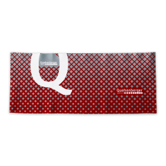 Flat headband with a red-and-gray checkered pattern and a white Quehenberger logo