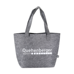 Gray shopping bag made of rPET felt with a white Quehenberger Logistics logo and long handles.