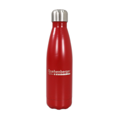 Red Quehenberger Logistics stainless steel insulated bottle with a stainless steel cap, 500 ml, double-walled and vacuum-insulated. Features a light-colored “Quehenberger Logistics” logo in the center.