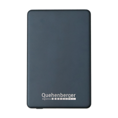 Revolt Powerbank 5,000 mAh in dark blue with a white Quehenberger logo on the front.