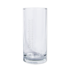 Sechs transparente Trinkgläser (200ml) im Karton, mit dem Quehenberger Logistics Logo.