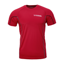 Red men's sports shirt made from 100% polyester with reflective stripes and the print “Close to your business.” on the back, as well as the Quehenberger Logistics logo on the left chest.