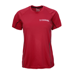 Red women's sports shirt made from 100% polyester with reflective stripes and the print “Close to your business.” on the back, as well as the Quehenberger Logistics logo on the left chest.