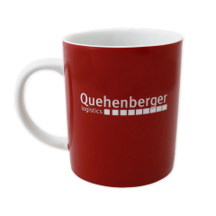 Red ceramic mug with white Quehenberger logistics logo, handle and interior in white