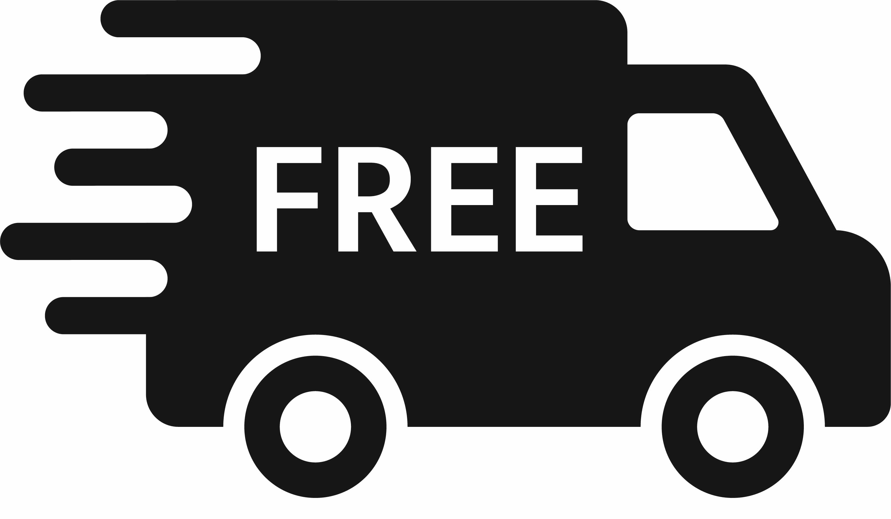 A black icon of a delivery van featuring the word &ldquo;FREE&rdquo; and stylized motion lines representing fast or free delivery.
